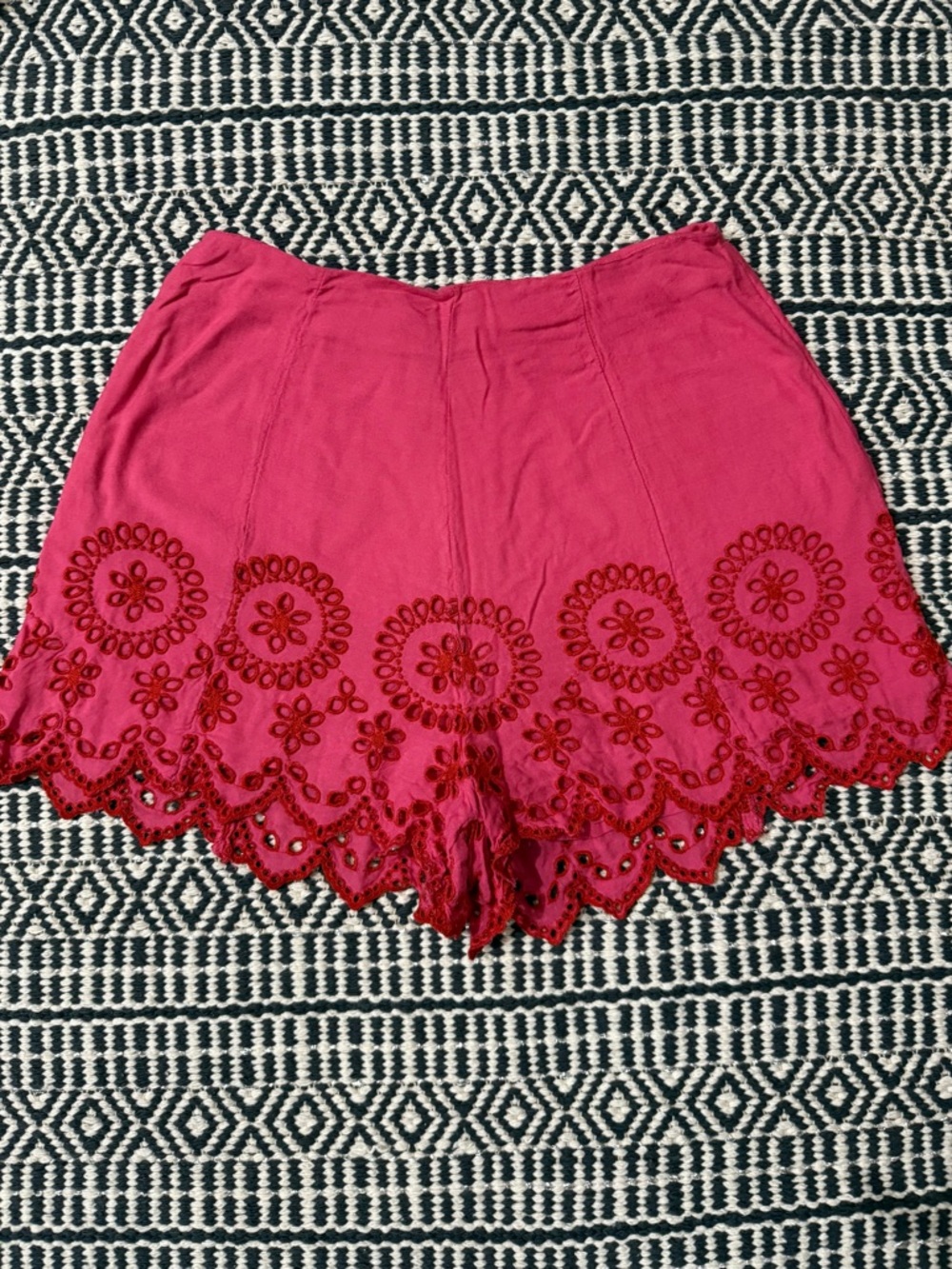 Lovers + Friends Pink With Red Eyelet Lace Scallop-Hem High Waisted Shorts